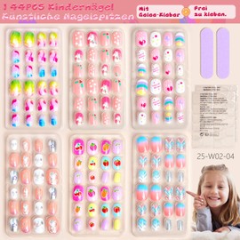 144 Pieces False Nails for Children with Jelly Glue - 6 Different Designs Artificial Nails Children, Cute Coloured Artificial Nails Children, Nail Set, Beautiful Gift for Girls at Home (Set D)
