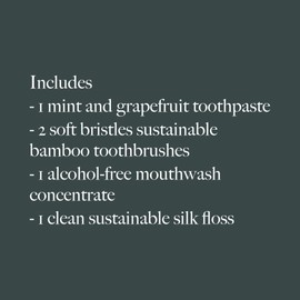 Nudge Oral Care Package: 1 x Fluoride-Free Toothpaste, 1 x Alcohol-Free Concentrated mouthwash, 2 x Bamboo toothbrushes, 1 x 100% Biodegradable Floss, 1 x Travel Toiletry Pouch
