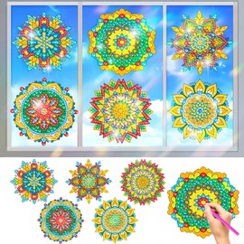 Diamond Art Suncatcher Kits, CAYUDEN 6pcs Mandala Window Clings Stained Glass Kit DIY Diamond Painting Stickers Gem Painting Sun Catcher Window Mosaic Kits for Children Arts and Crafts for Kids Adults