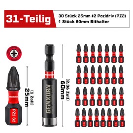 Geinxurn 30-Piece PZ2 Screwdriver Bit Set, 25 mm Length #2 Pozidriv 1/4 Inch Hex Shank S2 Alloy Steel Impact-Resistant Bit Set with 1 Piece 60 mm Magnetic Bit Holder
