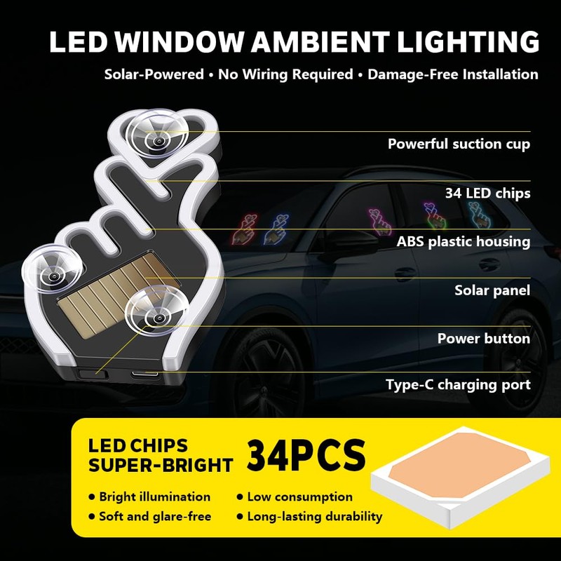 KaiDengZhe Finger Heart Car Window Light, Solar-Powered Wireless LED Heart