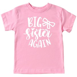 Olive Loves Apple Big Sister Again Bow Sibling Reveal Birth Announcement Shirts for Girls Pink Shirt