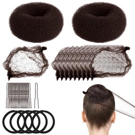 Kids Hair Bun Maker Kit, 2 Mini Donut Bun Shapers, 10 Invisible Hair Nets, 20 Bobby Pins, 5 Hairs Bands for Girls Ballet Dance Party (Brown)