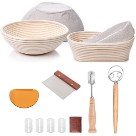 Bread Proofing Basket Set Of 2 Round and Oval, Banneton Proofing Basket + Danish Dough Whisk + Bread Scoring Lame + Stainless Steel Dough Scraper + Flexible Scraper, Sourdough Tools Kit, Baking Gifts