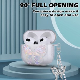 CameCosy Glitter Case for AirPods 3 (2021) with Crystal Butterfly Keychain, Pretty Cute Bling Colorful Butterfly TPU Shockproof Protective Skin Cover for Airpods 3rd Generation for Women Girls
