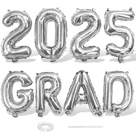 Silver 2025 GRAD Foil Balloons, 16 Inch Metallic Silver Grad Congrats Balloons Banner for Graduation Decorations 2025, College High School Class of 2025 Graduate Congratulations Party Decor Supplies