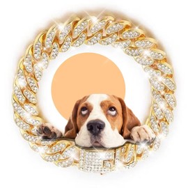 Gold Crystal Cuban Link Dog Collar with Design Secure Buckle Metal Chain Collar Pet Necklace for Small Medium Large Dogs Cats（Gold 18inch）