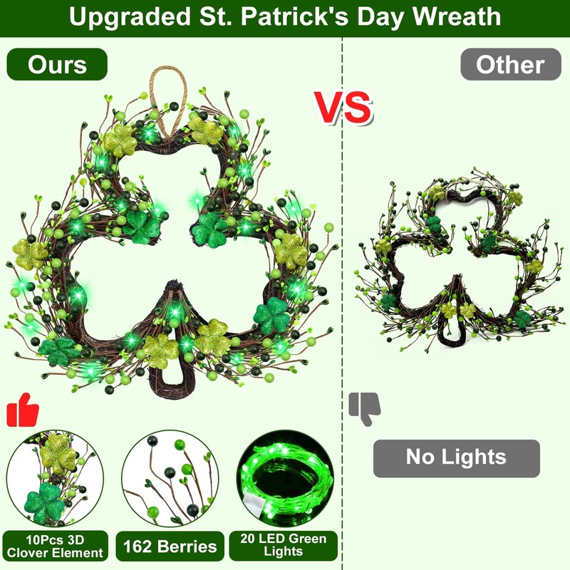 St Patricks Day Decorations, Shamrocks Wreath for Front Door, 20