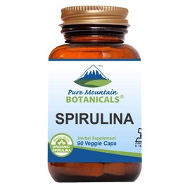 Pure Mountain Botanicals Spirulina Capsules - 90 Kosher Vegan Caps - Now with 450mg Organic Spirulina Powder - Nature's Superfood Supplement