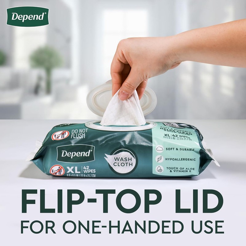 Depend XL Disposable Washcloths for Adults, 8 Flip-Top Packs, 42