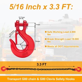 Lechansen G80 Trailer Safety Chain 39inch, 2 Pack Transport Binder Chain 5/16 Inch, with 4pcs 5/16” Clevis Slip Hooks, 4 900 lbs Working Load Grade 80 Tow Chains with Clevis Safety Hooks for Towing