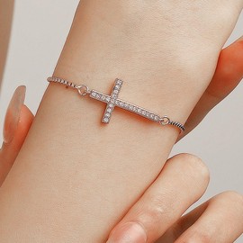 Sparkling Zirconia Cross Lariat Bracelet for Women Adjustable Christian Crucifix Slider Hand Chain Faith Based Gifts for First Communion Baptism (Silver)