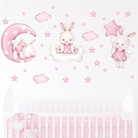 Large Size Pink Cute Bunny Wall Decals for Girls Room DIY Peel and Stick Wall Stickers Pink Rabbit Moon Stars Nursery Wall Decor Girls Bedroom Decor 2 Sheets 30 * 90cm