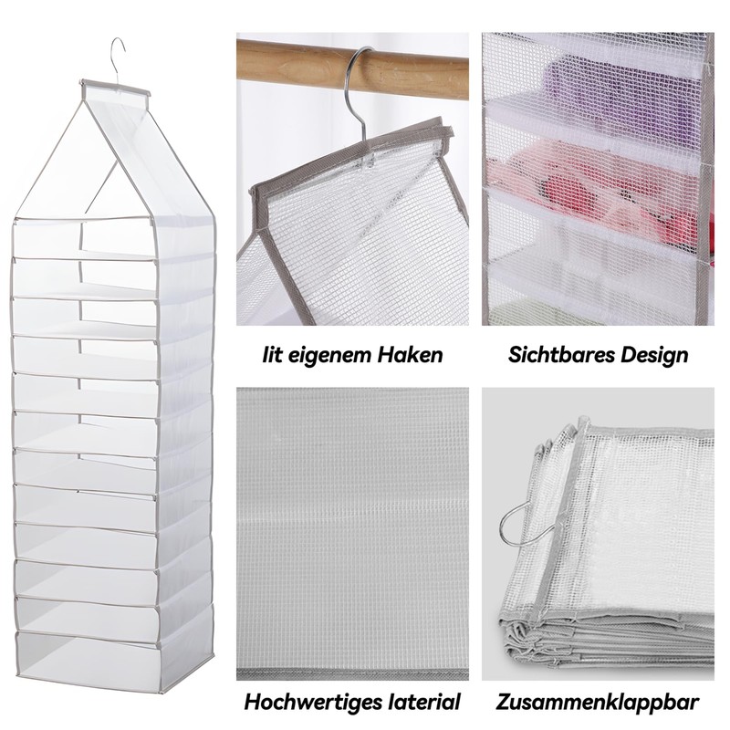 Yeelan 12 Compartments Hanging Shelf, Hanging Organiser, Foldable Wardrobe Organiser,