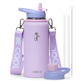 Coolflask Water Bottle with Straw, 32 oz Insulated Metal Water Flask with Straw & Spout Lids, Stainless Steel Double Wall Vacuum, Keep Cold 48h Hot 24h, Leak Proof & Non-BPA, Lavender