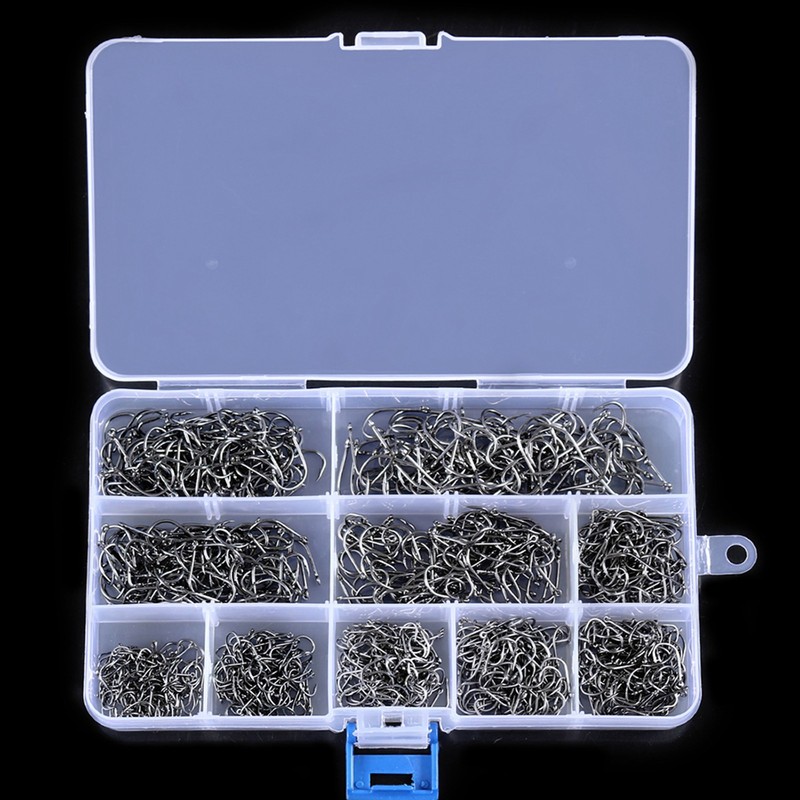 1000PCS Fishhooks Fish Hooks with Barbs 10 Sizes Carbon Steel
