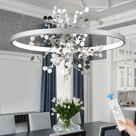 Modern LED Chandelier 1 Ring Chandelier with Firework Shade 24’’ Dimmable Silver Pendant Light Fixture for Dining Room Fancy Pendant Chandelier for Living Room Bedroom Foyer Kitchen, 3000-6500K
