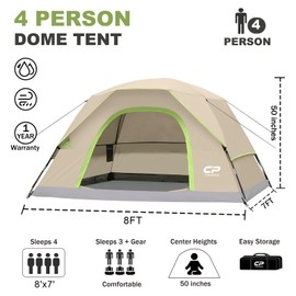 CAMPROS CP 4 Person Tent, Dome Tents for Camping with Rainfly, Waterproof Camping Tent Easy Set Up, Portable Family Tent with Large Mesh Window & Carry Bag for Outdoor Hiking