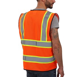 Dib Safety Vest Reflective ANSI Class 2, High Visibility Vest with Pockets and Zipper, Construction Work Vest Hi Vis, Orange Mesh/ Yellow Trim, Large