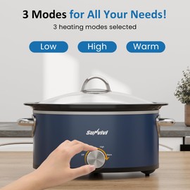 SUNVIVIPRO 3QT Slow Cooker, Small Crock with 3 Heating Settings & Removable Ceramic Pot, Mini Food Warmer with Dishwasher Safe Glass Lid & Crock, Stainless Steel, Blue