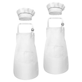 White Kids Apron and Chef Hat Set, Children Aprons for Baking Cooking Painting, Adjustable Bib Aprons with Pockets for Boys Girls Toddler Age 6-13 Years (2 Sets)