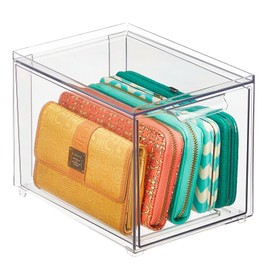 mDesign Plastic Closet Organizer Bin w/Pull Out Drawer - Slim Stackable Storage for Closet - Organization for Accessories, Bags, Totes, Small Linens, and More - Lumiere Collection - Clear