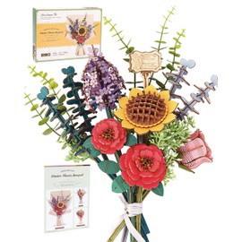 3D Wooden Puzzles Flower Bouquet Model Kit Building Set For Adults, Wooden Flowers Building Toy Botanical Collection, Creative Gift Ideas for Home Decor (Sunflower/Red Camellia/Pink Rose/Lilac-581PCS)