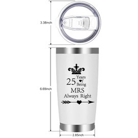 Set of 2 25th Wedding Engagement Anniversary Tumblers for Couples Parents 20 OZ Stainless Steel Insulated Car Tumbler Travel Mug Mr Right Mrs Always Right 25 Years Anniversary Funny Present