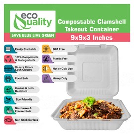 Compostable Square Hinged Clamshell Food Container 9x9x3 inch - Heavy Duty Disposable to go Containers, Bagasse Fiber Biodegradable Containers with Lids for Takeout, Restaurants, Food Trucks (200)