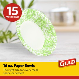 Glad Round Disposable Paper Bowls, Green Victorian Design - Heavy Duty, Soak Proof, Cut-Resistant, Microwavable Bowl for All Foods & Daily Use, 16 Oz, 15 Count