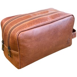RUSTIC TOWN Leather Toiletry Bag for Men - Travel Shaving Dopp Kit - Bathroom Shower Toiletries Organizer - Leather Cosmetic Bag for Women (Cognac)
