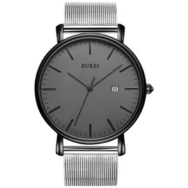BUREI Men's Wristwatch, Simple, Stylish, Brand, Popular, Ultra-thin, Lightweight, Analog Watch, Business, Waterproof, Quartz, Men's Watch, black-grey3, Japanese