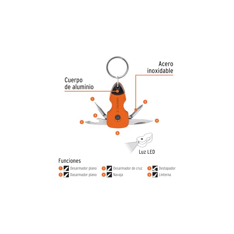Truper NAMU-LL, Multiherramienta con led, tipo llavero, 6 funciones