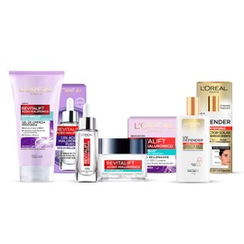 Kit L'Oreal Paris Skincare Limpieador facial Cleanser oil + Serum Facial ácido hialurónico + Crema en Gel Revitalift ácido hialuronico + UV Fluid, protector solar sin color fps50