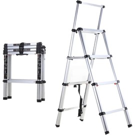 330lb Telescoping Ladder - Heavy Duty Aluminum Extension Ladder with One-Button Retraction, Folding Step Ladder for Home Storage, RV Camping, Roof Access & Attic (Silver)