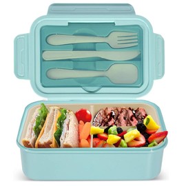 June tech 1400ml Bento Lunch Box Container with 3 Compartments Lunch Box for Adults Lunch Boxes with Cutlery Set BPA Free Sandwich Box for Kids Snack Box for School Kindergarten Office (Blue)