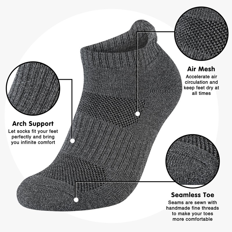 Monxiery Mens 100% Cotton Ankle Socks, Athletic Cushioned Performance Running
