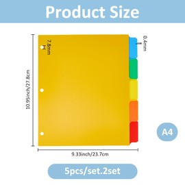 SUPERFINDINGS 10 Sheets A4 3 Ring Binder Dividers 5 Tab Thick Plastic Dividers 3 Ring Multicolored Tab Paper 3 Holes Ring Index Pages for Notebook Journal Diary, 28x24cm