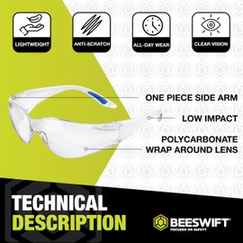 Beeswift - Vegas Safety Glasses - Ultra Lightweight Safety Glasses with Polycarbonate Lens and One Piece Side Arm - Comfortable Safety Goggles Adult - Eye Protection Glasses, Work Accessories - 1