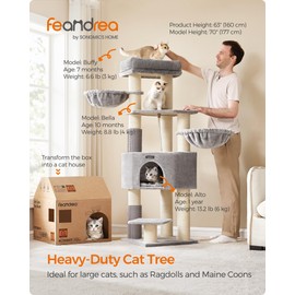 Feandrea Cat Tree for Large Cats, 63-Inch Heavy-Duty Cat Tower with Self-Warming Pads, 2 Self-Groomers, 9 Scratching Posts, Large Perch, Cave, and Baskets, Dove Gray and Cream White UPCT003N01