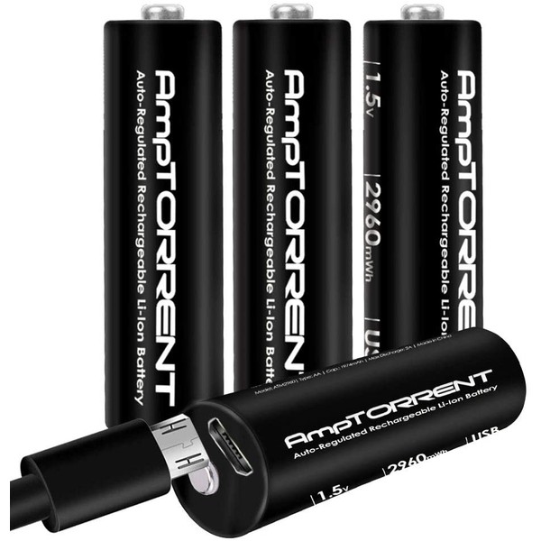 AmpTorrent USB Rechargeable AA Batteries Lithium 2960mWh High Capacity, 1.5V Constant Output, 2 Hours Fast Charging Batteries 4 Pack with 4in1 Charging Cable