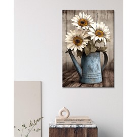GLOKAKA Rustic Farmhouse Wall Art Vintage White Sunflower Painting Wall Decor Wooden Background Canvas Print Country Sunflower Artwork for Bathroom Home Decor
