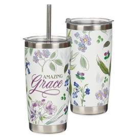 Christian Art Gifts Reusable Stainless Steel Travel Mug Tumbler w/Straw for Women: Amazing Grace, Cute Inspirational Double Wall Vacuum Insulated, Pop-up Lid, Hot/Cold, White & Purple Floral, 18 oz.