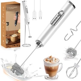 MXHIGO 6 en 1 Agitador de Leche Eléctrico con Soporte, Espumador de Leche Recargable por USB, Con 3 Velocidades y 3 Batidores de Acero Inoxidable, Batidora de Mano para Latte, Capuchino, Matcha, Café
