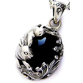 2PIECES pe1786 Men's Accessories Pendant Necklace, Silver, Rabbit, Onyx, Japanese Pendant Only