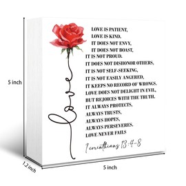 Christian Wood Sign, Rustic Box Sign Decor Tabletop, Inspirational Desk Sign, Love Quote White Wooden Box Sign for Anniversary, Bible Verse Decor, 1 Corinthians 13:4-8 Sign, Wedding Gift