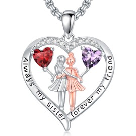 Zoeniya Always My Sister Forever My Friend Necklace Double Birthstone Pendant Necklace Love Heart Jewelry Christmas Birthday Gifts for Women Sister Friend, Base, Cubic Zirconia
