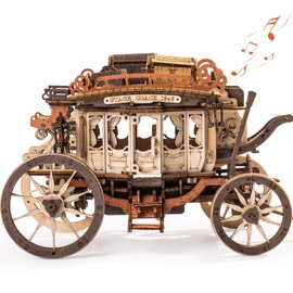 ROBOTIME 3D Wooden Puzzle Music Box, Wooden Puzzle Model Kit Adults, Model Building Decor, Gifts for Teenagers, Laser Cut Jigsaw, Mechanical - Stagecoach