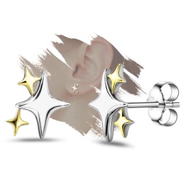 Star Earrings for Teens Girls Women - Stering Silver Two-Tone Star Stud Earrings Hypoallergenic Minimalist Star Shaped Post Earrings for Sensitive Ears Fashion Earrings Gifts for Christmas Birthday