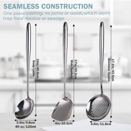Wok Spatula and Ladle,Skimmer Slotted Spoon Set - Mirror Polished Asian Wok Cooking Tools - 18/10 Stainless Steel Wide Wok Spatula - Wok Utensils Set Professional